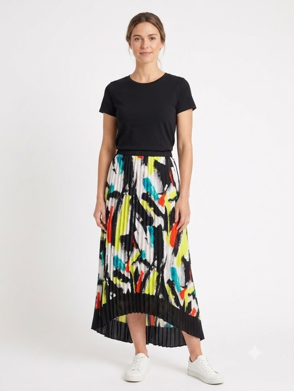 new directions Black Multicolored Pleated High-Low Skirt Size 14 Waist 19 In